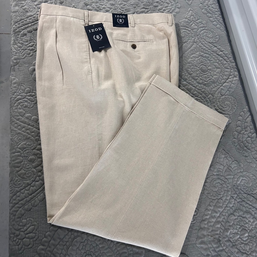 IZOD Men Pleated Cuffed Dress Pants Flax Beige Linen Blend 40x32 summer traveler